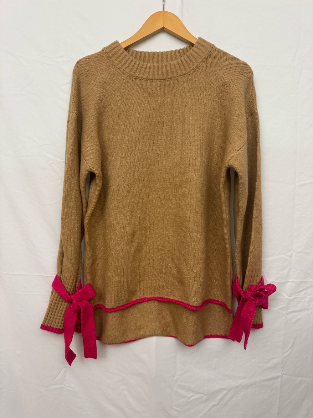 J.O.A. Camel Crewneck Sweater with Pink Bow Accents